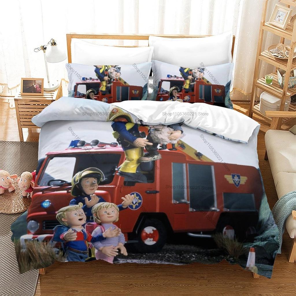 Cute Fireman Sam Rescue Cartoon Fire Engine HD Print Bedding Set Duvet Cover + 2 Pillowcases Polyester Boys/Girls Room Decor