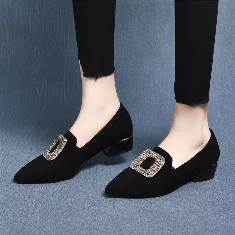 Autumn new soft leather soft sole matte heel small leather shoes pointed thick heel comfortable single shoes women