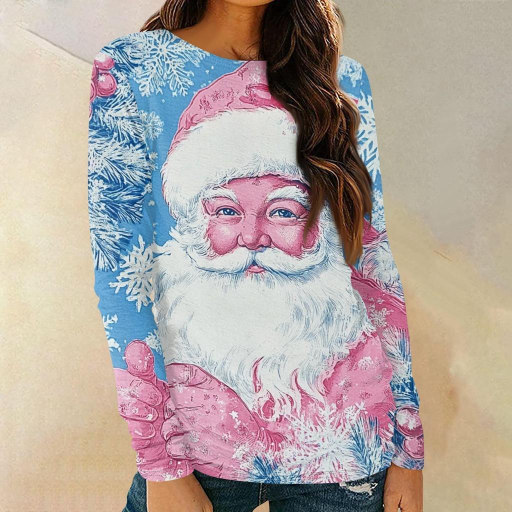 Christmas Party Women T-shirt Santa Claus Print Long Sleeve Holiday Graphic Tops O-Neck Casual Style Fall Winter Female Tees