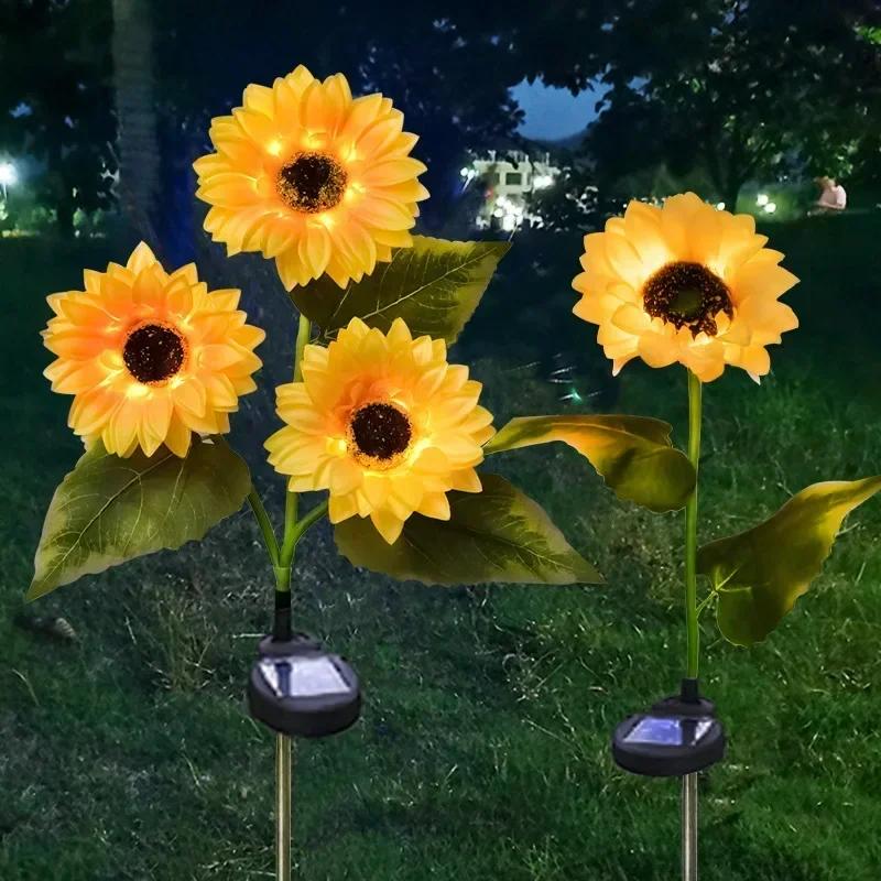 Solar Powered Sunflower Simulation LED Lights 1/3 Heads Garden Yard Lawn Night Landscape Lamp Christmas Decor Flower Light