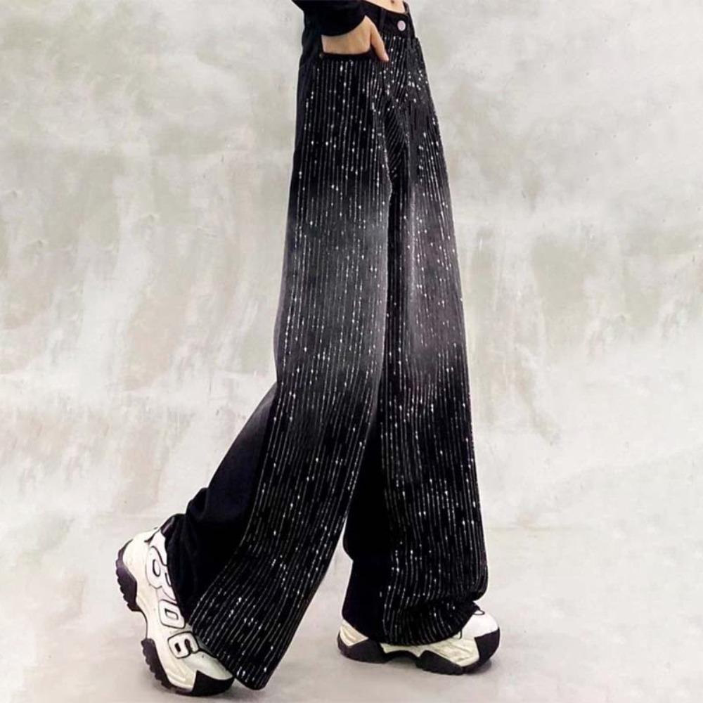 Women's High Waist Wide Leg Jeans Loose Gradient Rhinestone Shiny Straight Denim Pants