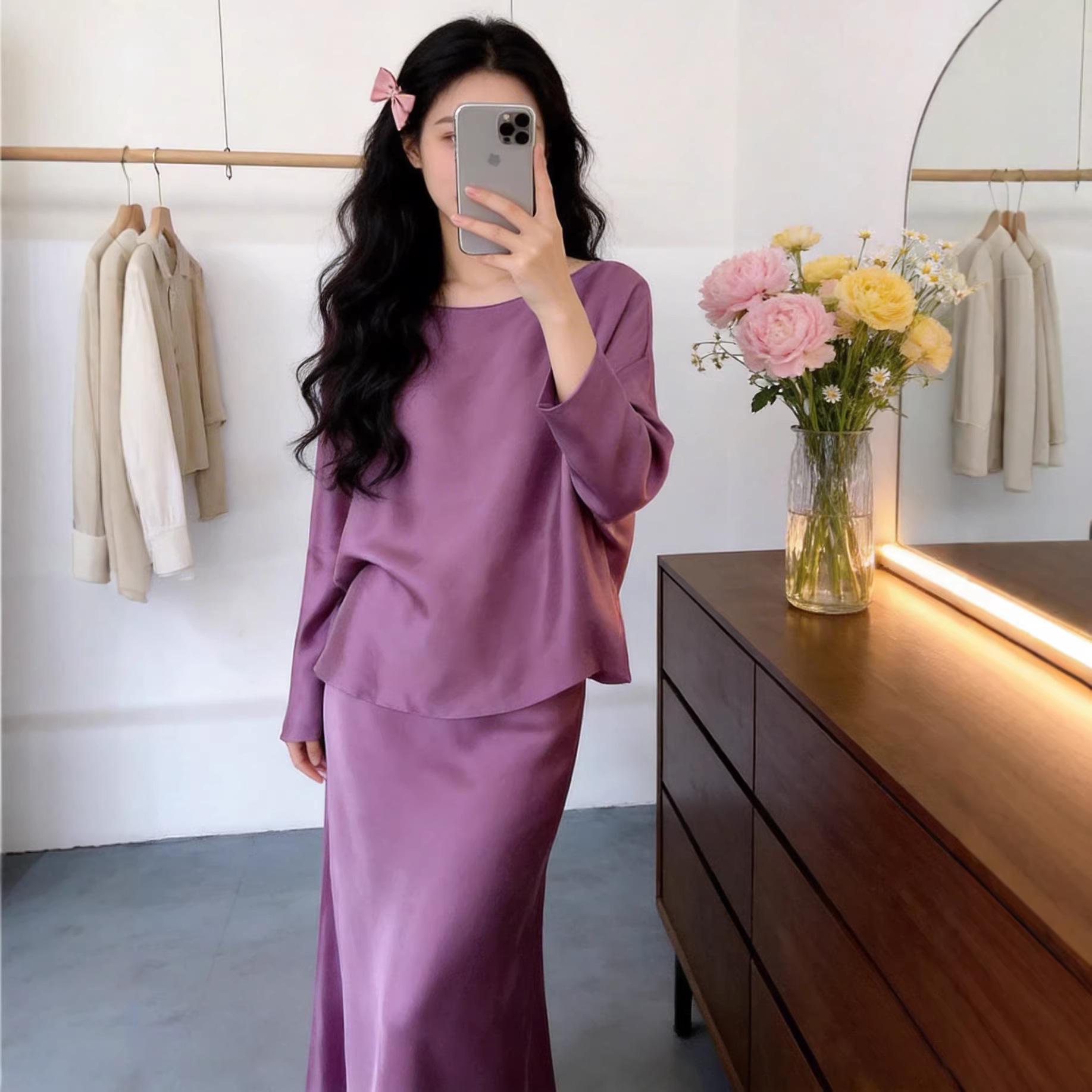 

Retro Cupro Silk Skirt Suit: Spring Long-Sleeve Top + Skirt Set Extra Large