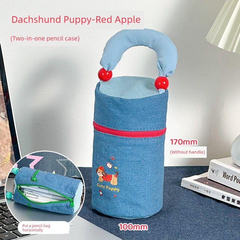

Sausage Dog Denim Pen Bag Large Capacity Good-looking Ins Wind Schoolgirl Stationery Buggy Bag Student Only Pencil Box Dachshund Puppy-Red Apple [Can Stand Pen Case]]