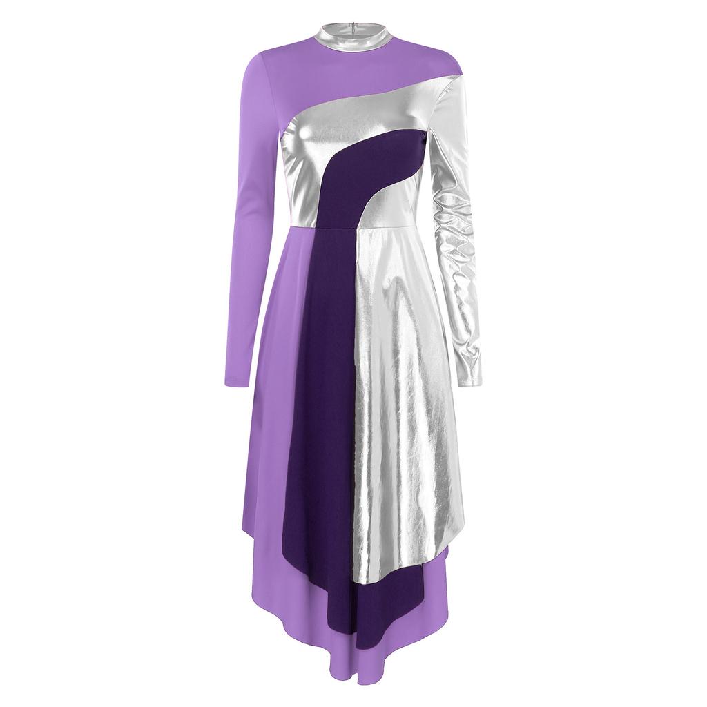 Vestido de Dança Litúrgica Feminino Gola Alta Manga Longa Patchwork Cor Contrastante Bainha Curva Vestido de Adoração