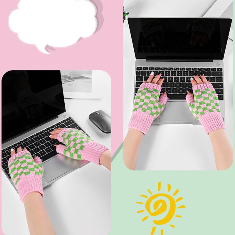 Warm Gloves Knitted Half-finger Plaid Cold-proof Gloves for Women Winter