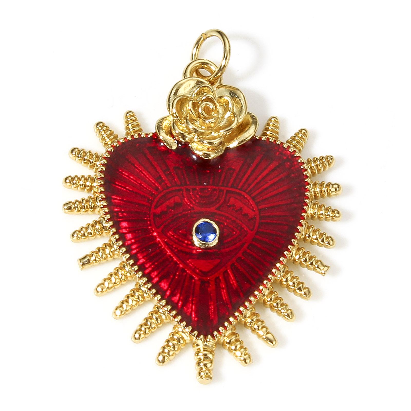 

1 Piece Classic Red Religious Heart Charms For Jewelry Making Gold Color Ex Voto Pendants Clear Cubic Zirconia Necklace DIY
