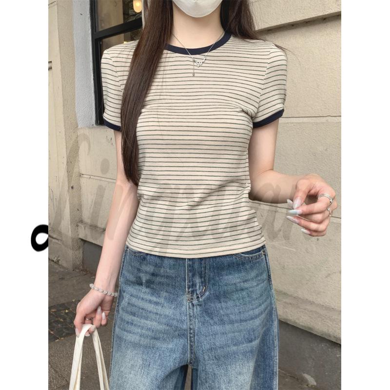 Women s Retro Stripe Color Block Lyocell Tencel Short Sleeve Top M