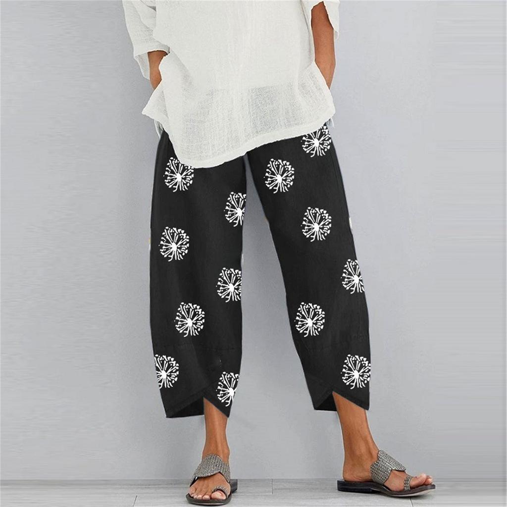 Women’s Loose Fit Elastic Waist Pants Dandelion Print Casual Cropped Trousers with Side Pockets for Comfortable Everyday Wear