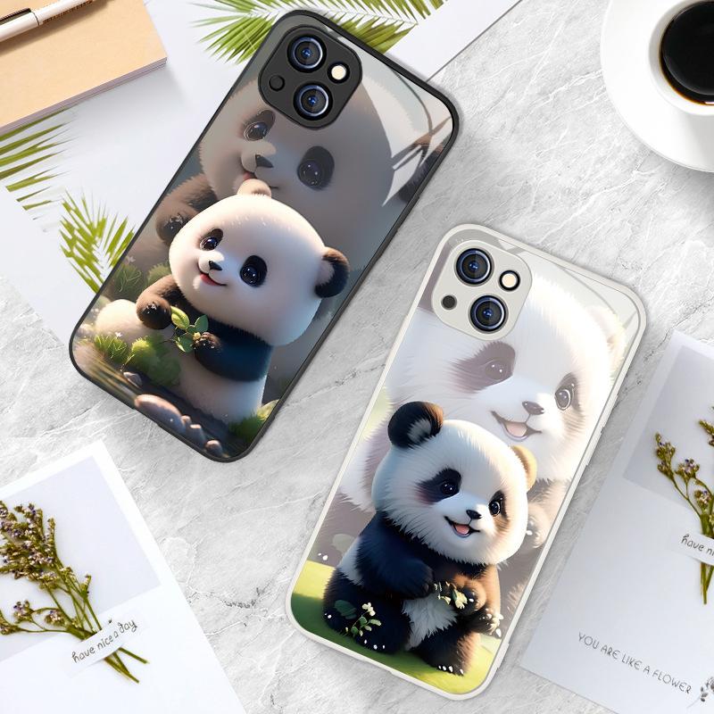 Ins Panda Is Suitable for Apple 15pro Mobile Phone Case Iphone17 High Transparent Glass Case 12promax Cute Cartoon