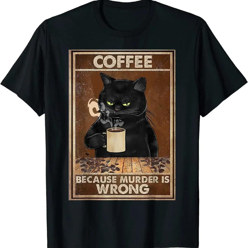 Men's Oversized Cotton T-Shirt Black Cat Print Funny Shirt Coffee Drinks Hip Hop Graphic T Shirts Harajuku Men Clothing