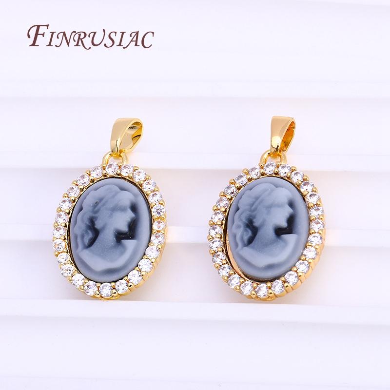 

3 Colors Inlaid Zircon Oval Cameo Pendants For Necklace Making,18K Real Gold Plated Connector Charm For DIY Bracelet Material 1 Piece