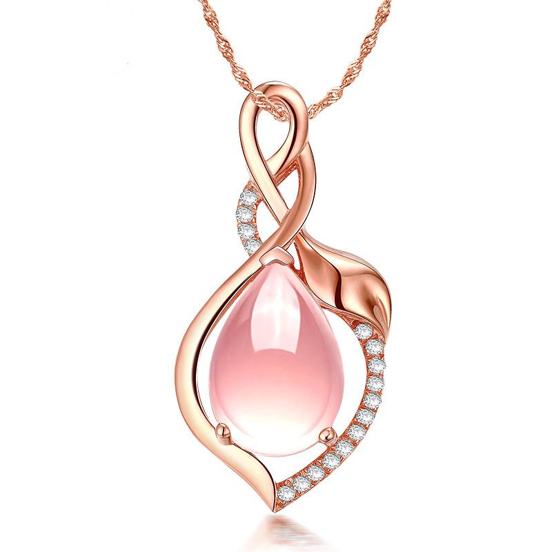 Rose Gold-Plated Rose Quartz Hibiscus Pendant Necklace for Women