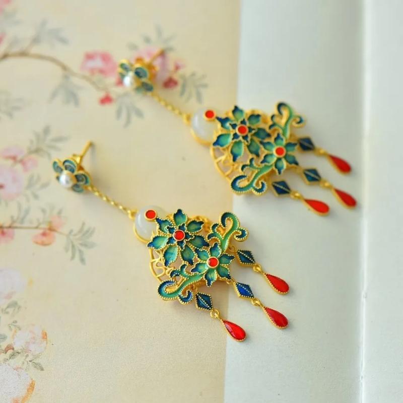 Natural An Jade Flower Enamel Tassel Earrings For Women Exquisite Retro Style Classical Cheongsam Hanfu  Accessories