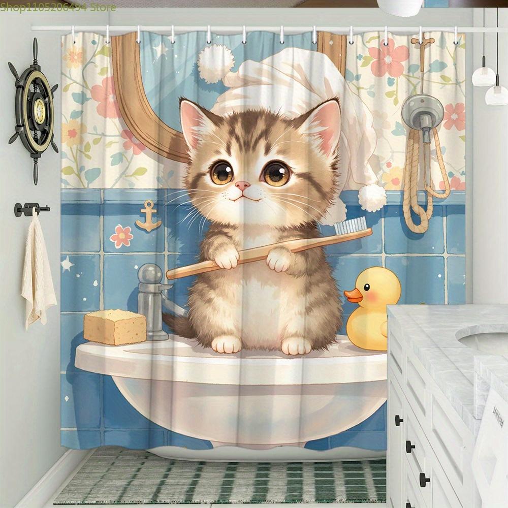 1pc Tabby Kitten Bathroom Shower Curtain Fluffy Towel Sink Wooden Toothbrush Duck Nautical Theme Bathroom Decoration Home Deco