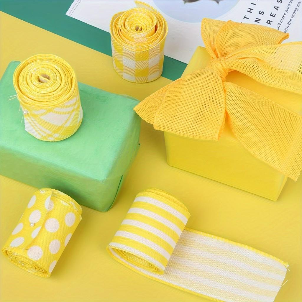 Festival Bee Delightful Yellow Checkered And Striped Burlap Ribbon For Festive Gift Wrapping And Arrangements Decorative
