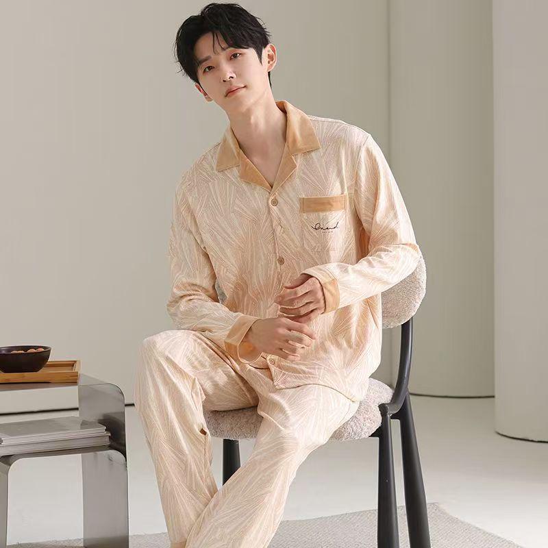 Men's Plus Size Cotton Pajamas - Long Sleeve, All-Season, Lightweight Set for Spring and Autumn