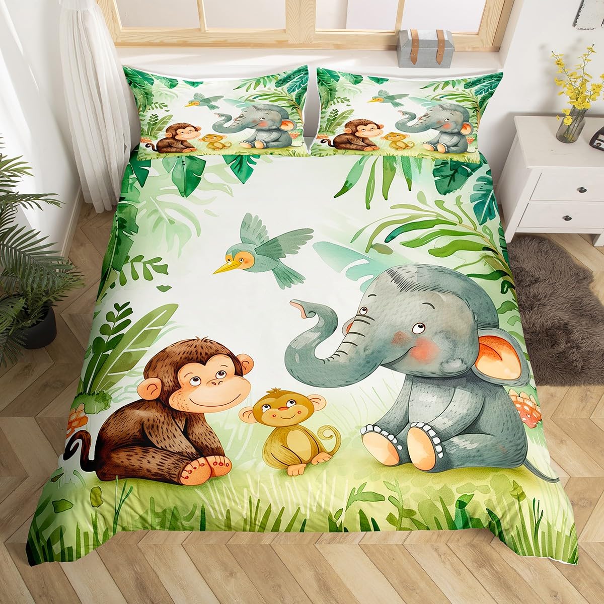 

Комплект постельного белья с милой обезьянкой, двойной, с рисунком банана, звезд, пододеяльник с изображением тропических диких животных и фруктов, желтый пододеяльник EU single(135x200cm)