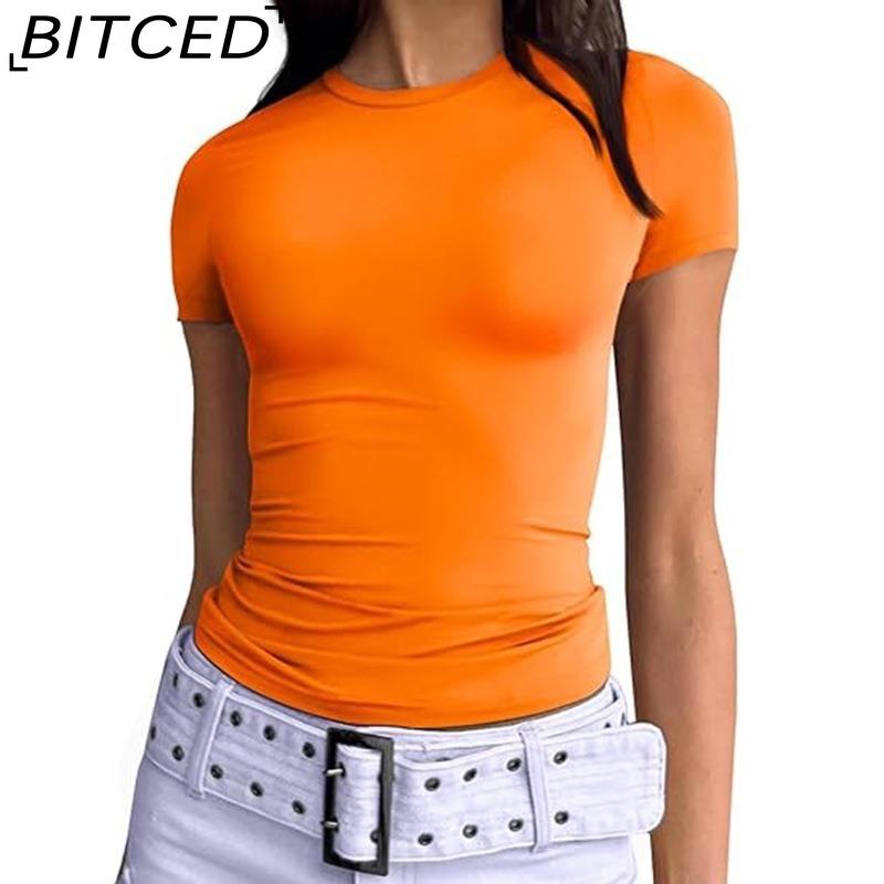 BITCED Damska koszulka z długim rękawem na lato: Stylowe topy z dekoltem O, dopasowane, do noszenia jako warstwa zewnętrzna