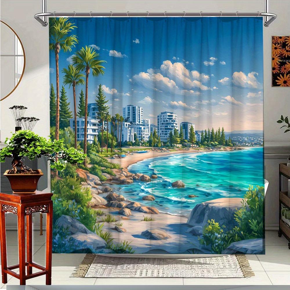 

1pc Scenic Landscape Shower Curtain Beach Ocean View with Palm Trees City Skyline Bathroom Decor Polyester Fabric with 12 Hooks 90x180cm