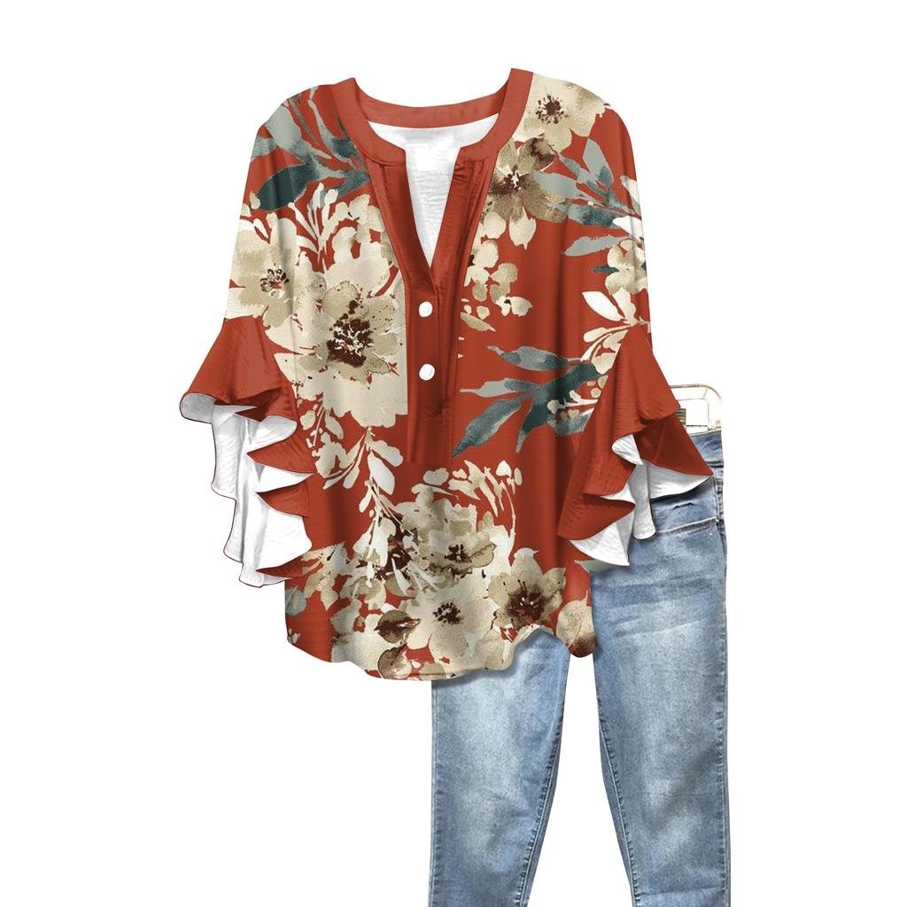 Sommar Damtoppar V-ringad Sjuärmad Skjorta Vår Sommar Blommönstrade Toppar Casual Skjorta