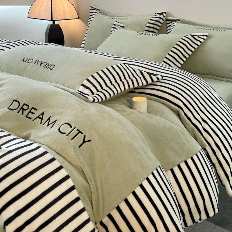 Luxurious Embroidered Milk Velvet 4-Piece Bedding Set - Winter Double-Sided Flannel with Thick Duvet and Coral Fleece Sheets