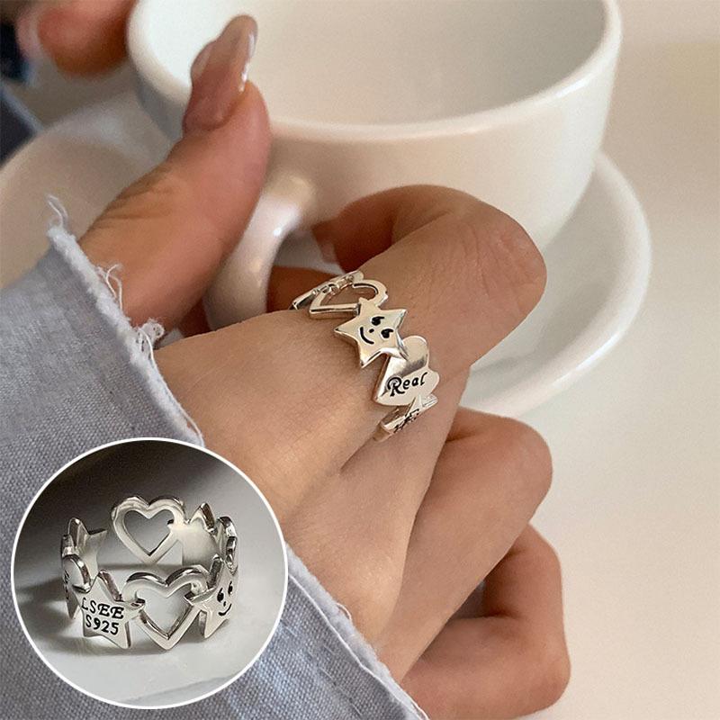 Ring im koreanischen Stil aus S925 Silber mit geometrischem Durchbruchmuster, unregelmäßig, Vintage für Damen - Schwerindustrielles Temperament, verstellbarer schlichter Ring für den Zeigefinger.
