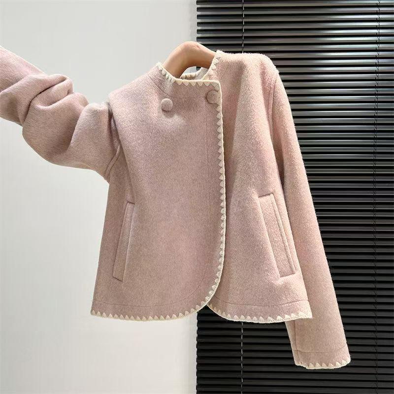 

Women s French Retro Color Block Wool Coat - Coco Style, Small, Winter Fashion, Double-Sided Wool M (70-95 kg)