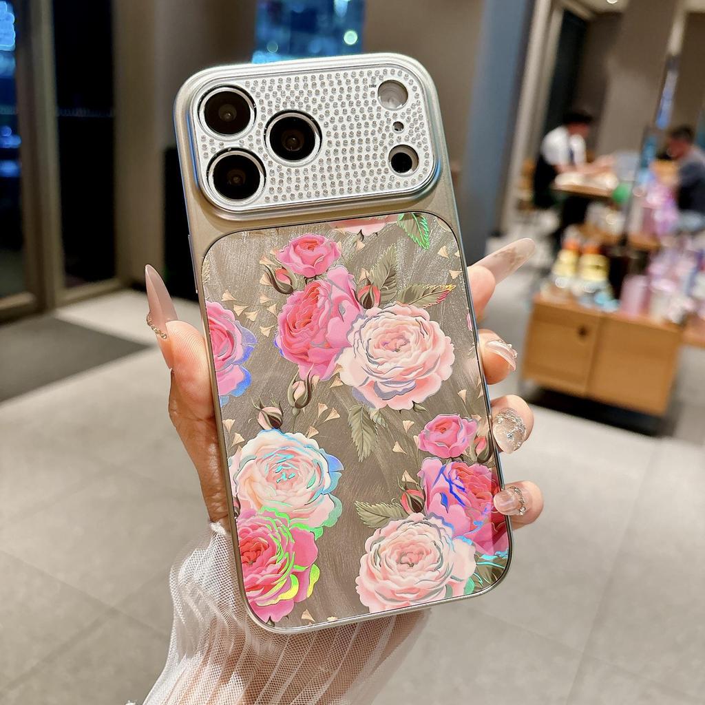 Gauze Flowers Rhinestone Lens iPhone 17 & 16 Pro Max Electroplated Hard Case