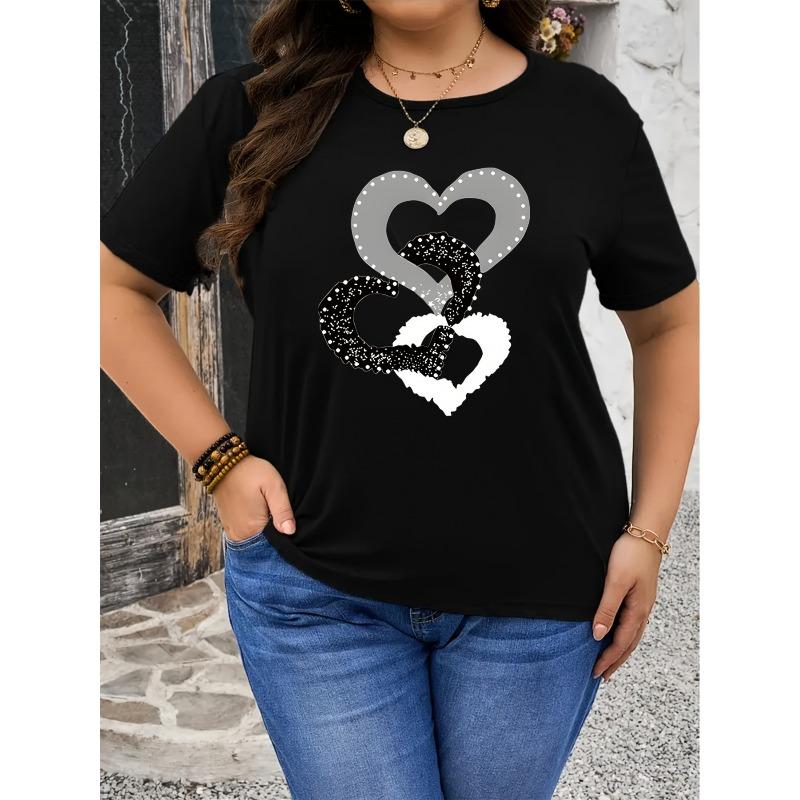 Mărime Europeană Mărime Mare Tricou Negru Casual pentru Femei | Design Inimă și Inimă Strălucitoare, Gât Rotund, Mânecă Scurtă, Potrivit pentru Primăvară/Vară, Stil Zilnic