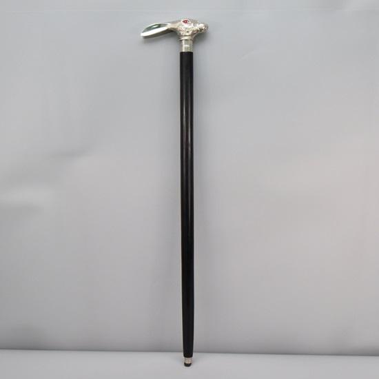 Walking Stick, Wooden Cane, Handle In Shape of Rabbit, Hare s Head, Black and Silver