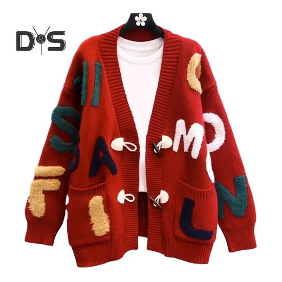 

Женский свитер, пальто с V-образным вырезом, длинный рукав, принт с буквами, вязаное пальто, однобортное, карманы, свободный крой, вязаный кардиган красный