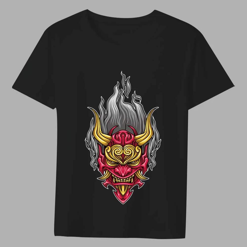 Men's Classic Trend T-shirt Japanese Comics Red Face Demon Print Series Casual Youth Men's Commuter Black O-neck All-match Shirt