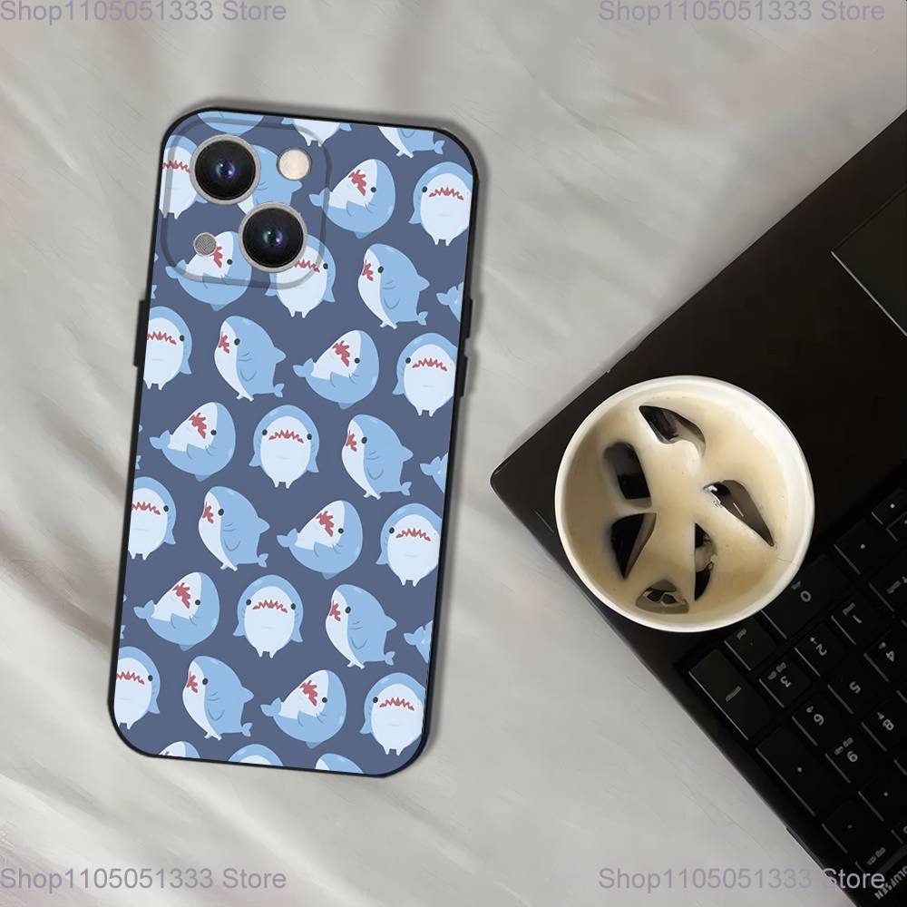 Cute Cartoon Blue Shark Phone Case For iPhone 17,16,15,14,13,12,11,Pro,XS,Max,XR,Plus,E,SE4,Mini Black Soft Cover