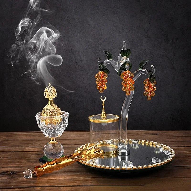 

5 in 1 Arabic Crystal Incense Burner Elegance Grape Tree Glass Home Decor Ornaments Golden Carbon Furnace with Incense Clip Sets
