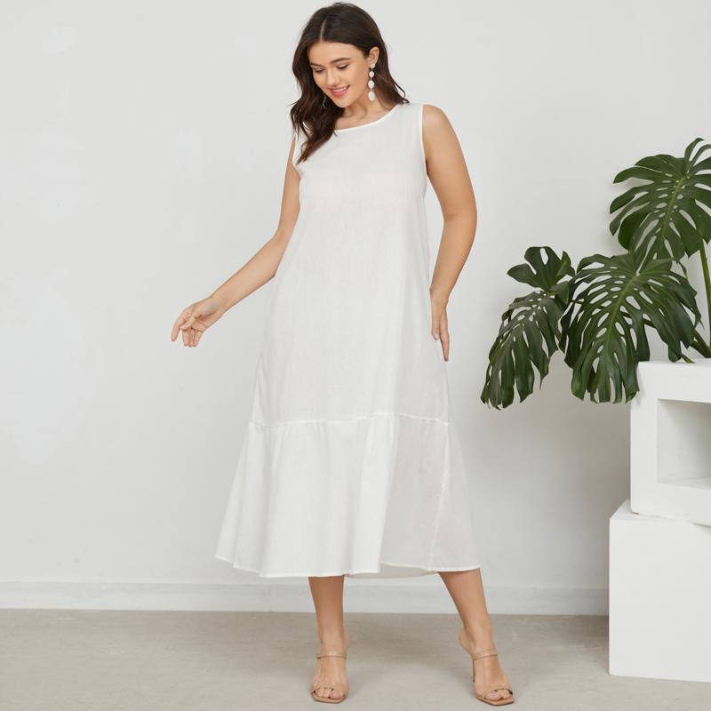 Summer Women Sleeveless Tank Holiday Long Dress Round Neck Casual Loose Maxi Dress Bottoming Dress Plus Size
