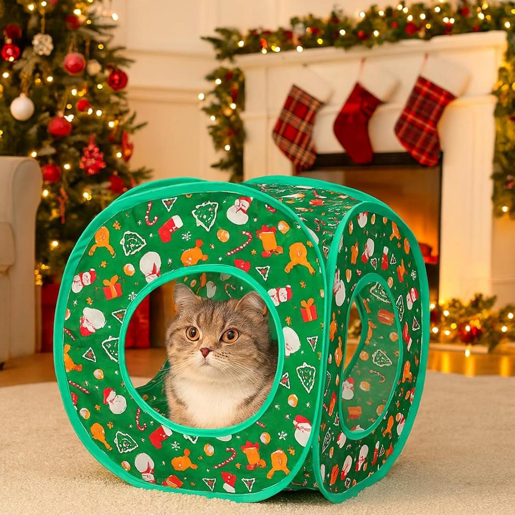 Christmas Cat Tunnel Cube Playhouse – Foldable Holiday Cat Cube with Peek Hole and Tunnel Fun for Indoor Cats