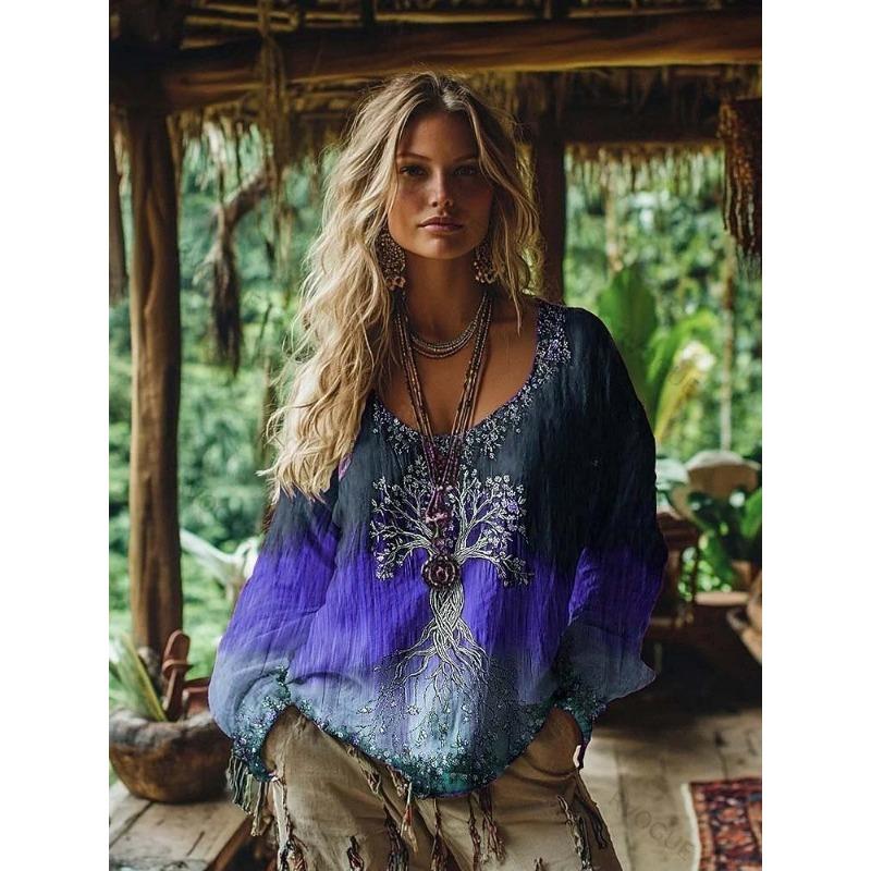 Women's Boho T-shirt Graphic Geometric Elegant Bohemia Vintage Long Sleeve V Neck Regular Tops Daily Weekend