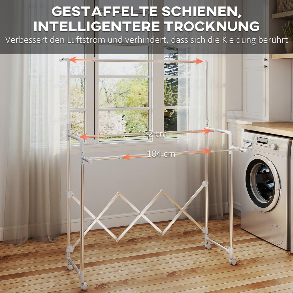 Clothes Drying Rack, Foldable Standing Dryer with 3 Adjustable Rails, Stainless Steel Tower Drying Rack on Wheels, for Indoor and Outdoor