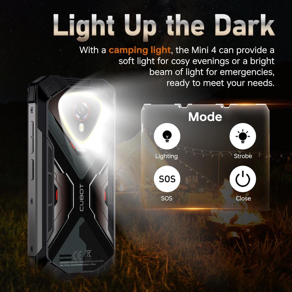 CUBOT Kingkong Mini 4 Android 15 Rugged Smartphone 16GB+128GB, 4.7'' Display, Camping Lamp, 48MP+16MP, 4700mAh, 4G Dual SIM/Face ID/NFC/IP68/GPS