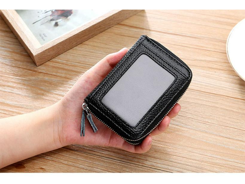 RFID Cowhide Leather Card Holder & Coin Purse with Double Zipper