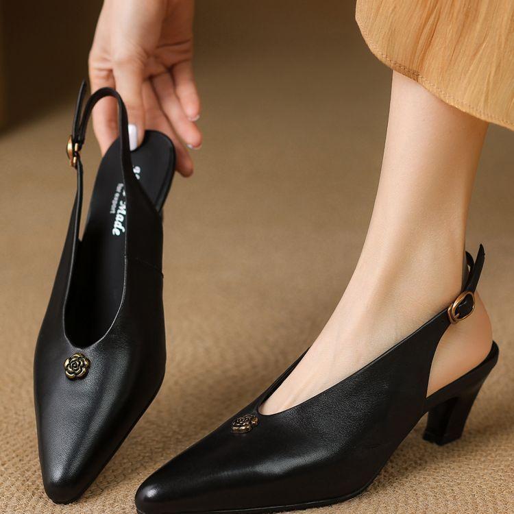 New elastic band high heels women's shoes thick heel bag head empty single shoes full leather black work small leather shoes comfortable