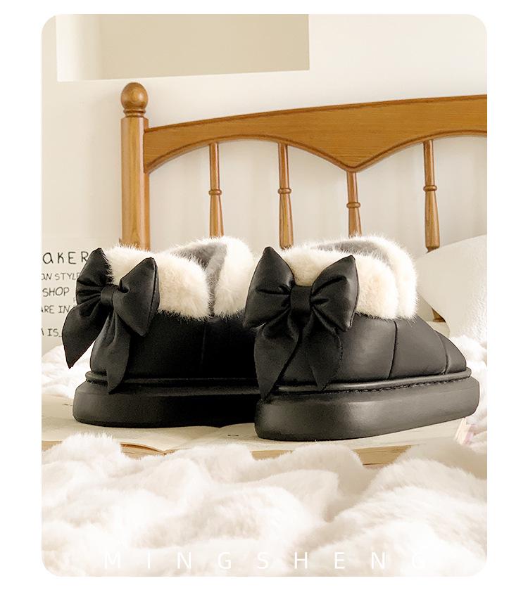 Women's Winter Velvet Bowknot Cotton Slippers with Heel Cover - 2023 Thick Sole, Warm, Girly Style for Outdoor Wear