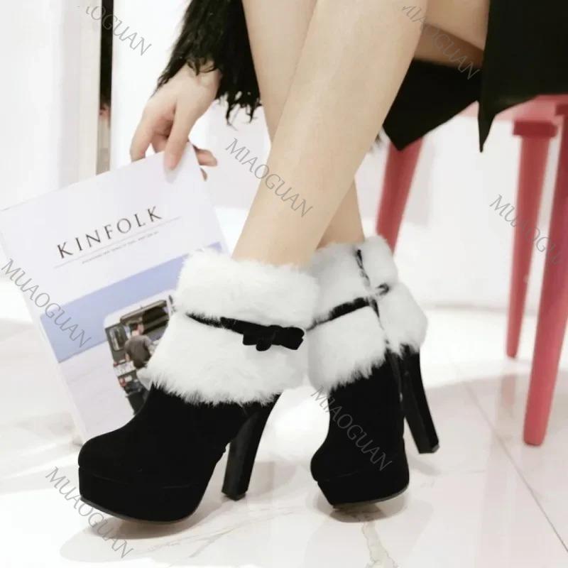 Fashion 2025 Winter New Women Fur Boots Waterproof Platform High Heel Thick Cotton Boots Bow Decorative Comfortable Christmas Red Botas