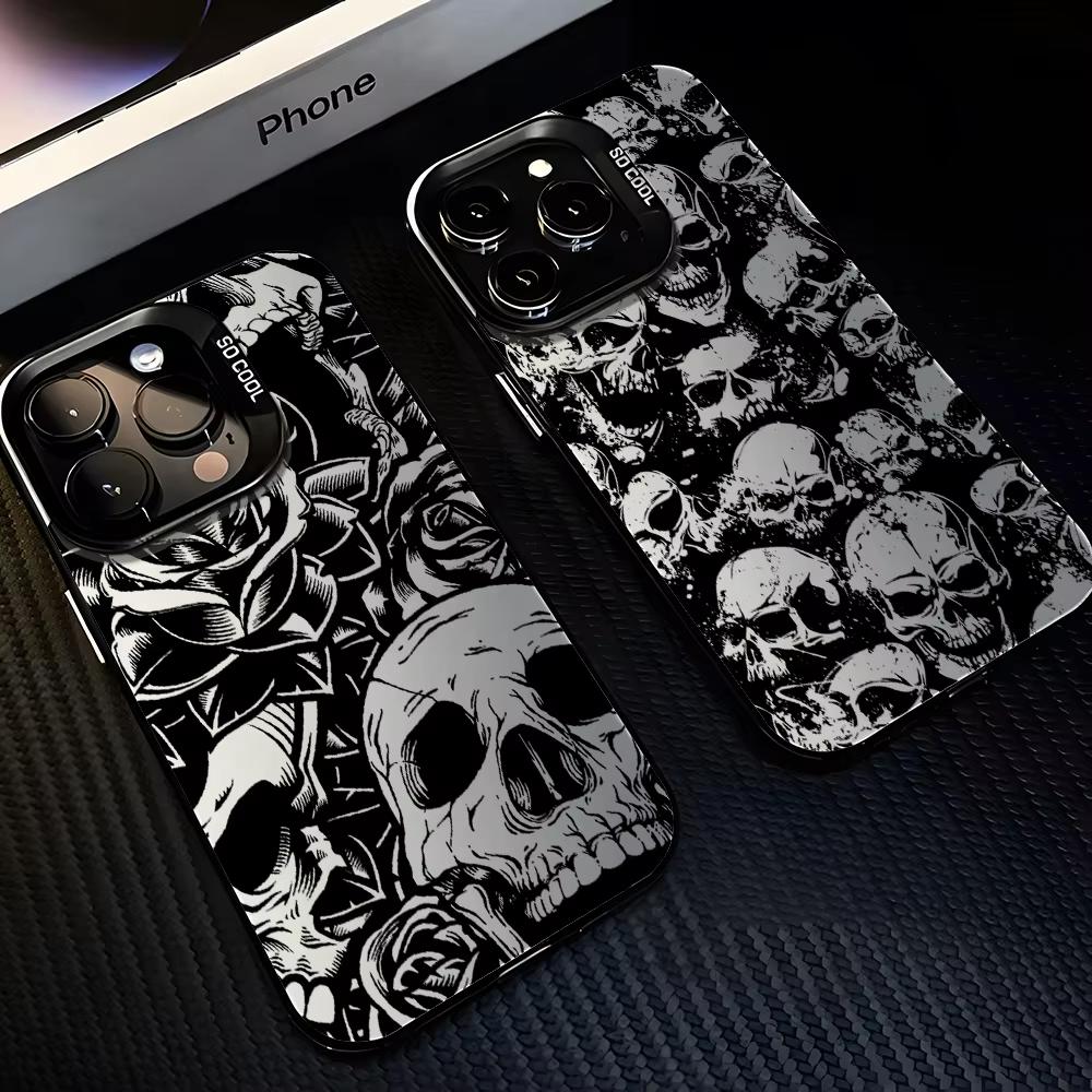Heavy Duty Shockproof Black Art Skull Case For Iphone 17 Air 16 16e 15plus 14 13 12 11 Pro Max Matte Protective Back Cover