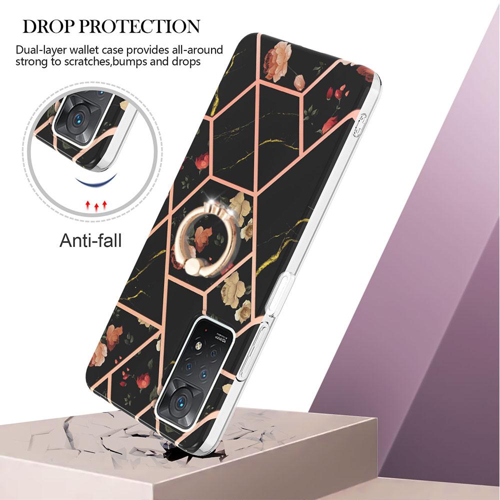 Ring Bracket Golden Border Grid Marble Flower IMD Ultrathin Phone Case for Xiaomi Redmi Note 11S,Note 12 Pro 4G,Xiaomi 11T,Redmi 10,Poco X3 NFC...