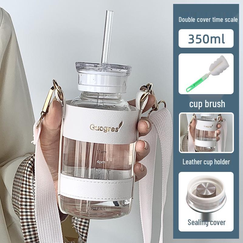 Double-Lid High Borosilicate Glass Travel Cup with Leather Sleeve