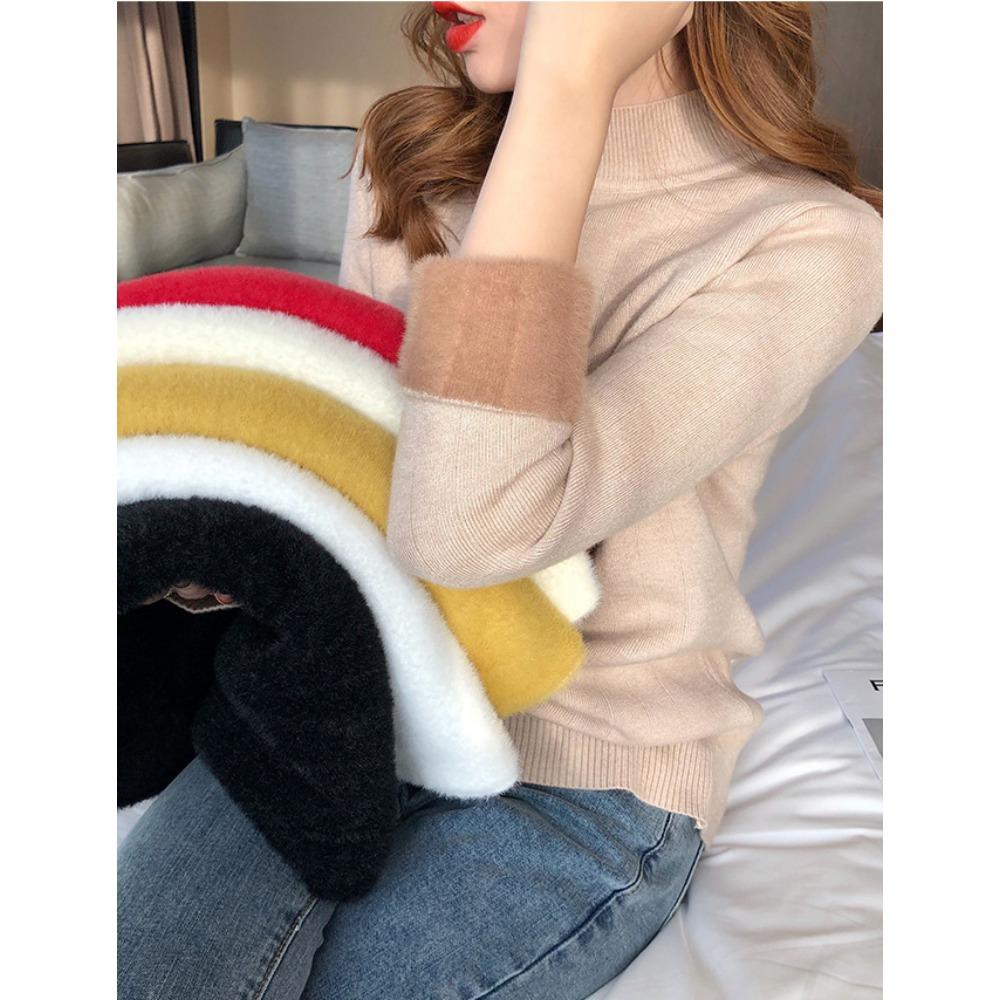 Autumn and Winter Women's Padded Thickened Sweater Single Layer Mid-collar Half-high Neck Knitted Bottoming Shirt Mink Warm Tops