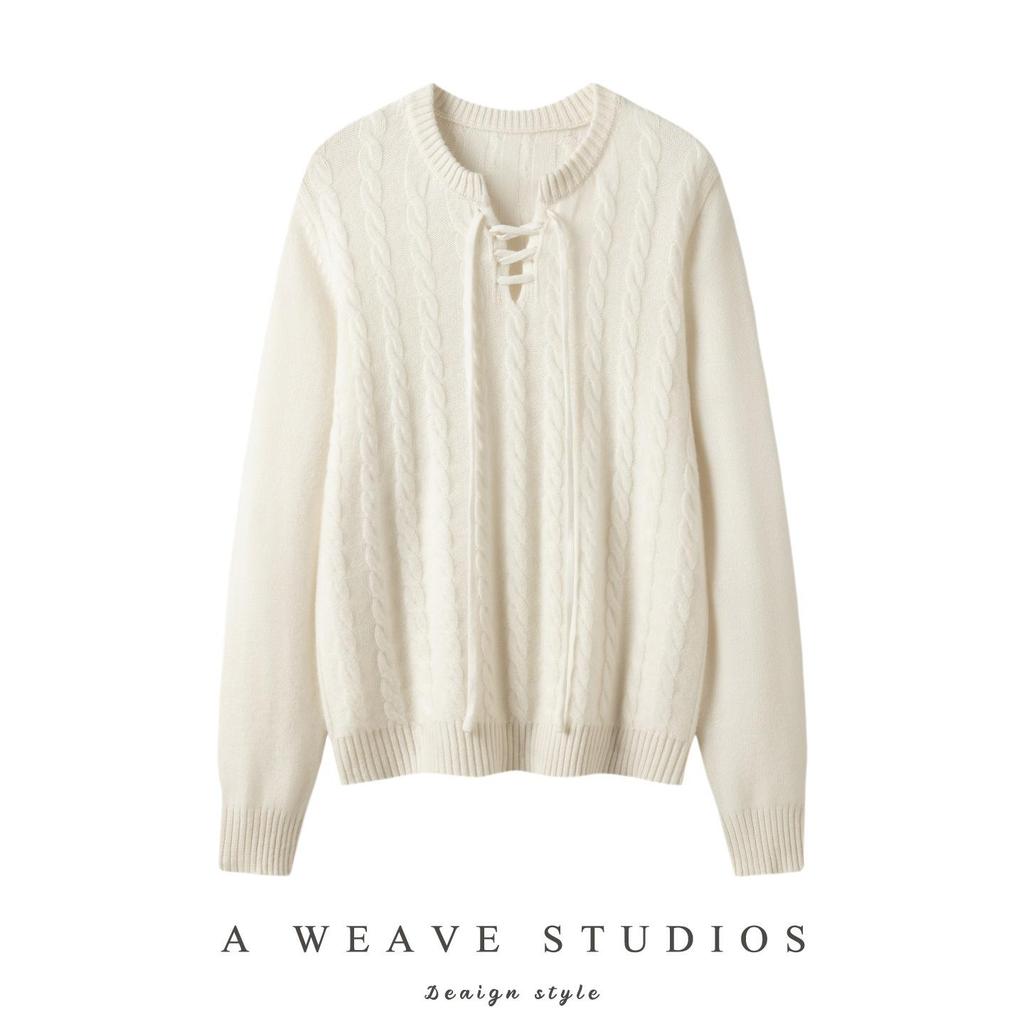 Lekasha Women's Cashmere Cable Knit Base Layer - Autumn/Winter, Seven-Gauge, Lace-Up, Loose Fit, Thick Round Neck.