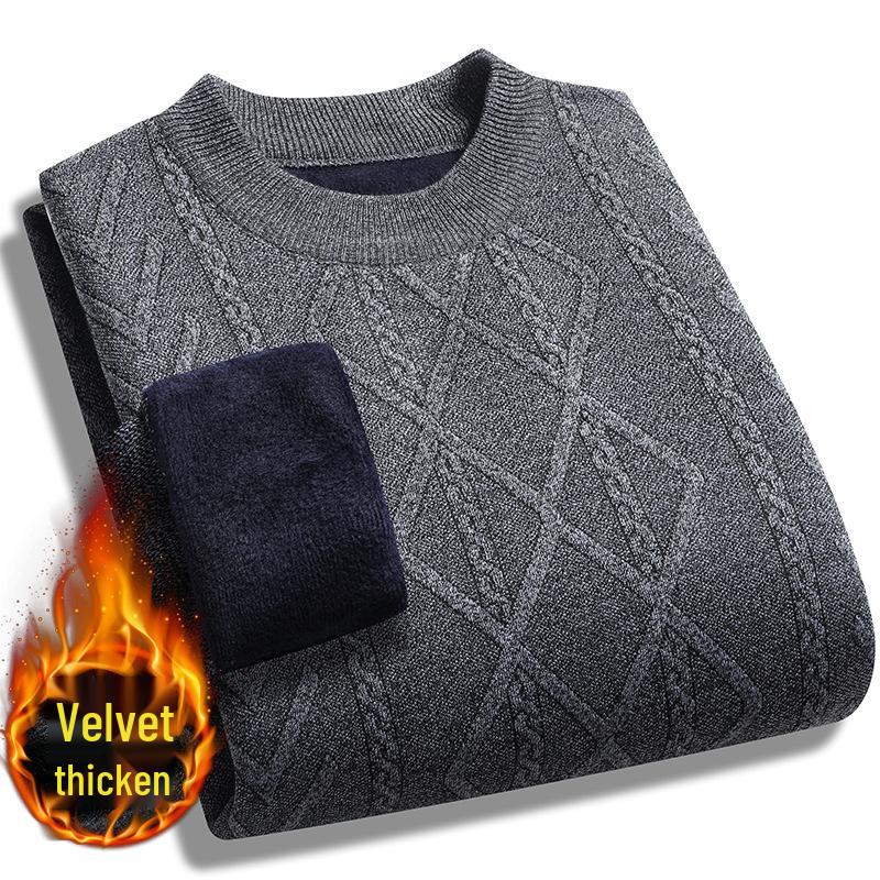 Men's Autumn/Winter Fleece-Lined Sweater for Middle-Aged & Elderly - Warm, Thick, Round Neck Design