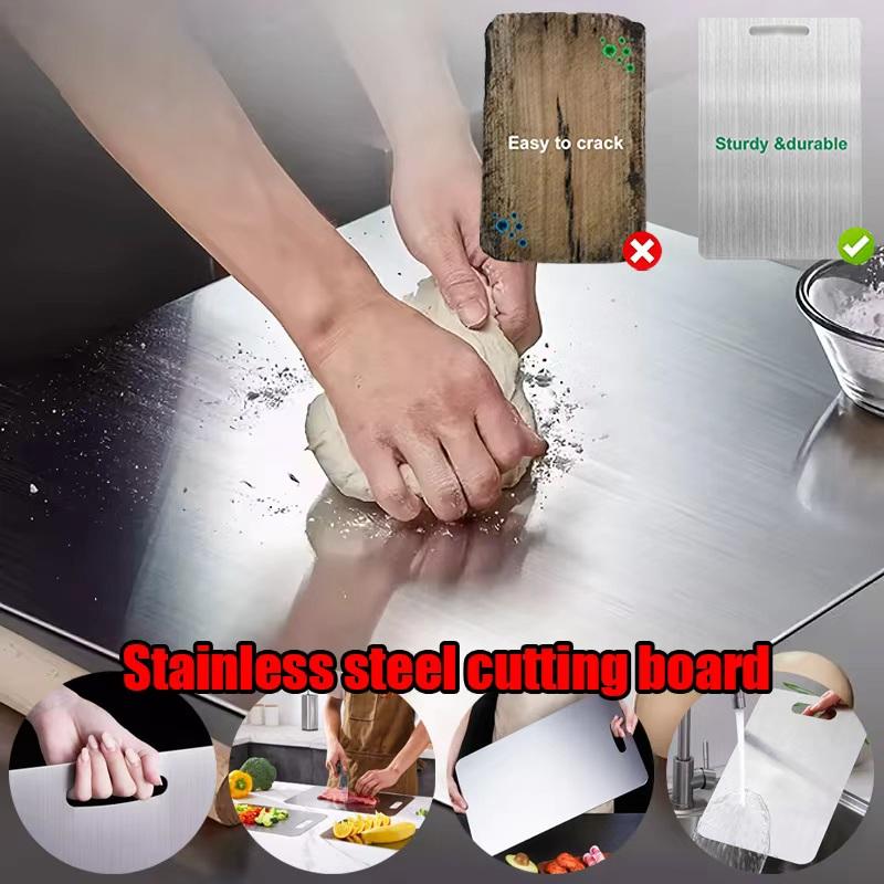 Stainless Steel Kitchen Cutting Board, Double-Sided Food Grade Chopping Board for Meat, Fruit & Dough